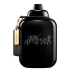 Black perfume bottle with gold tag and logo on a white background