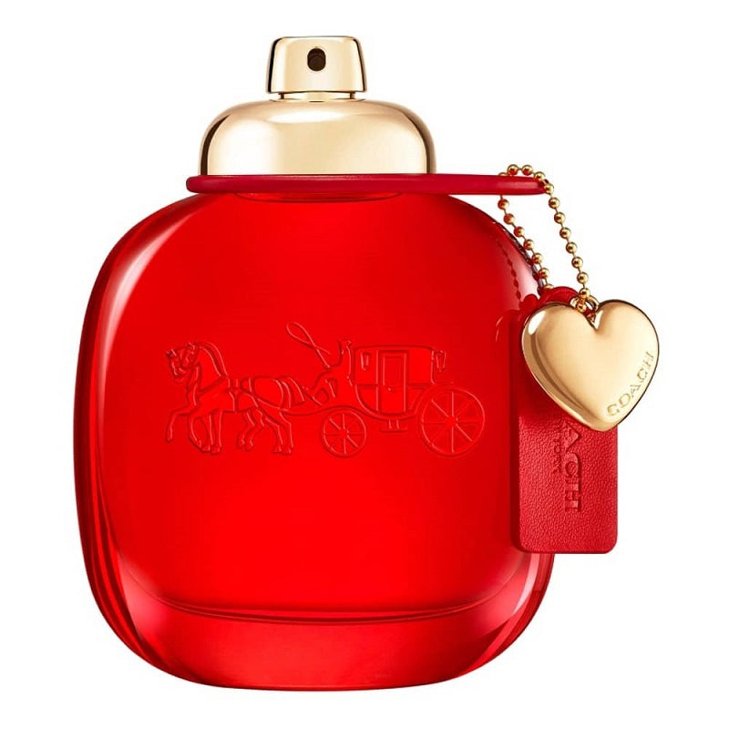 Red perfume bottle with gold cap and heart-shaped tag on a white background