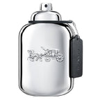 A silver Coach Platinum eau de parfum spray bottle with a black cap and a Coach brand tag.