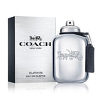 Coach Platinum Eau de Parfum by Coach in a silver bottle with a white label, next to its packaging box with the Coach New York logo.