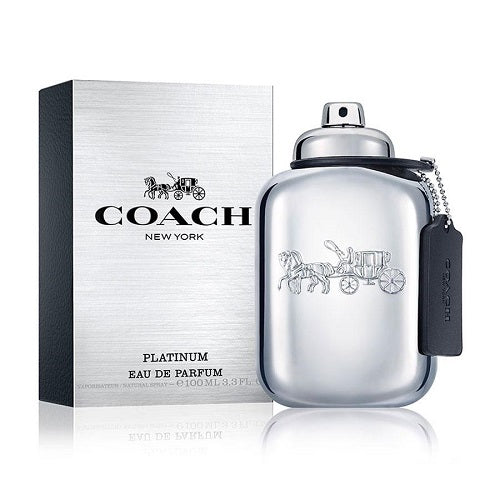 Coach Platinum Eau de Parfum by Coach in a silver bottle with a white label, next to its packaging box with the Coach New York logo.