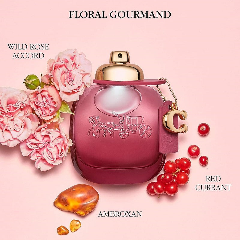 Pink perfume bottle with floral and fruit elements on a pink background