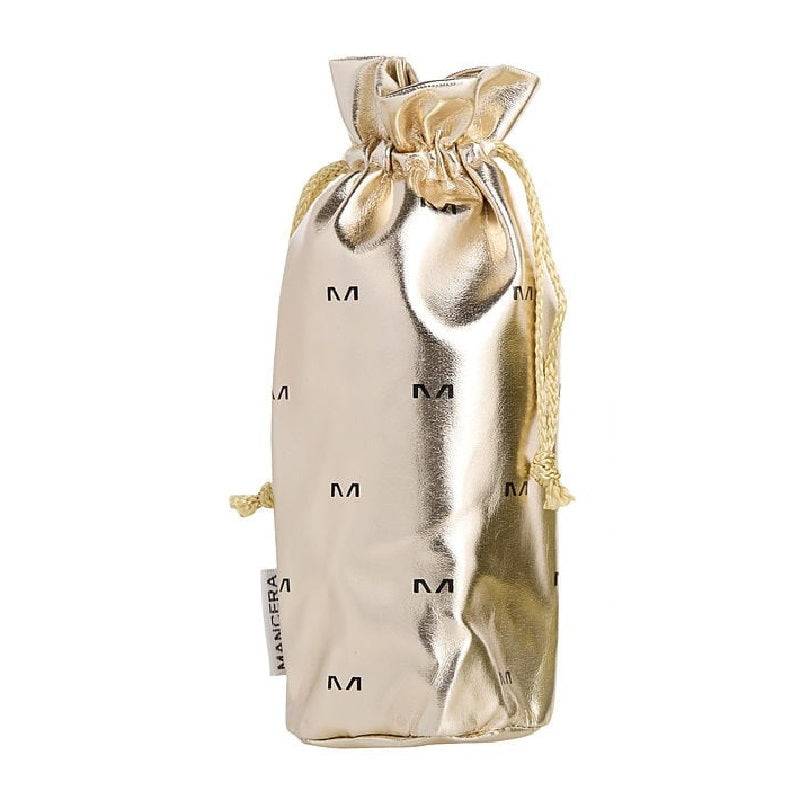 Gold and silver drawstring pouch with 'M' branding on a white background