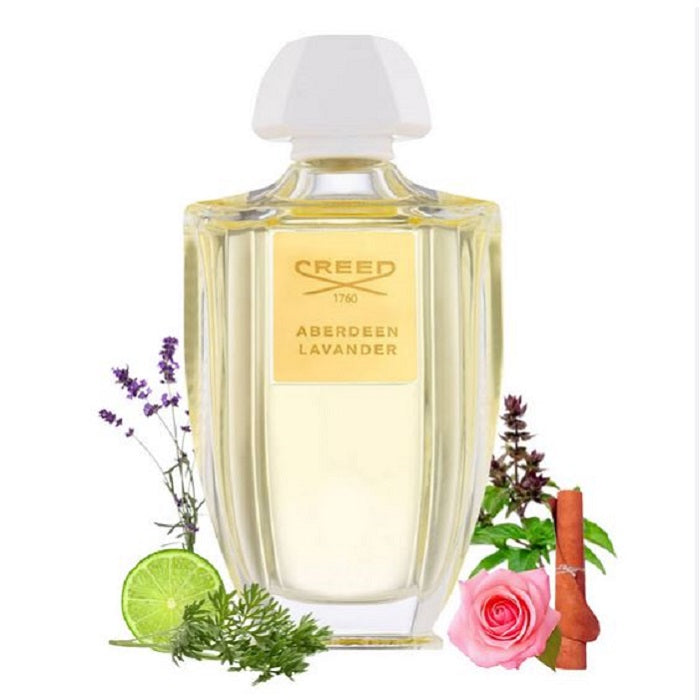Creed Aberdeen Lavender perfume bottle with floral and aromatic elements on a white background