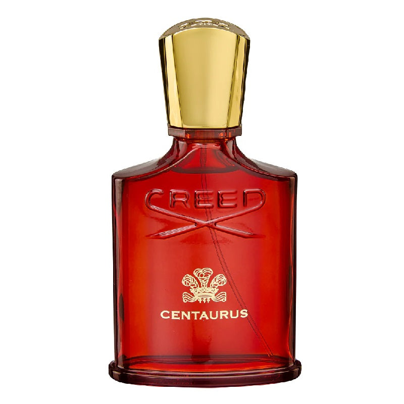 Red Creed Centaurus perfume bottle with gold cap on a white background