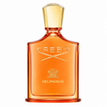 Creed Delphinus perfume bottle in amber glass with a gold cap, shown on a plain white background.