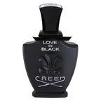 A black bottle of Love In Black Eau de Parfum by Creed with white text and floral design.