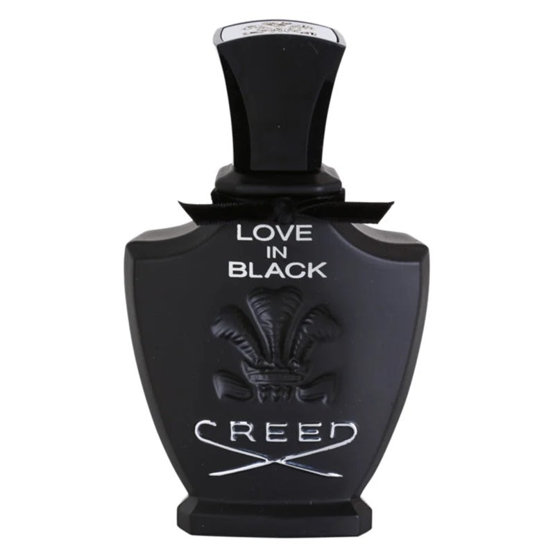 A black bottle of Love In Black Eau de Parfum by Creed with white text and floral design.