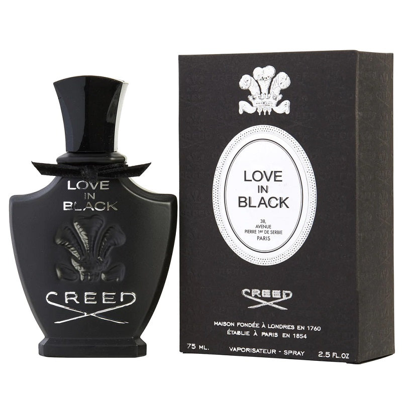 A black bottle of Creed Love In Black Eau De Parfum with a matching black box, displaying the product name and branding.