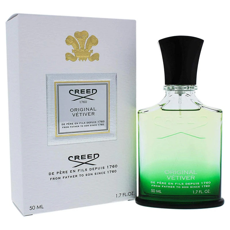 A bottle of Creed Original Vetiver eau de parfum alongside its white packaging box with gold accents. The bottle is green with a black cap, and the packaging indicates a 50ml volume.
