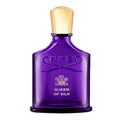 A purple glass bottle of Creed Queen of Silk eau de parfum with a gold cap.