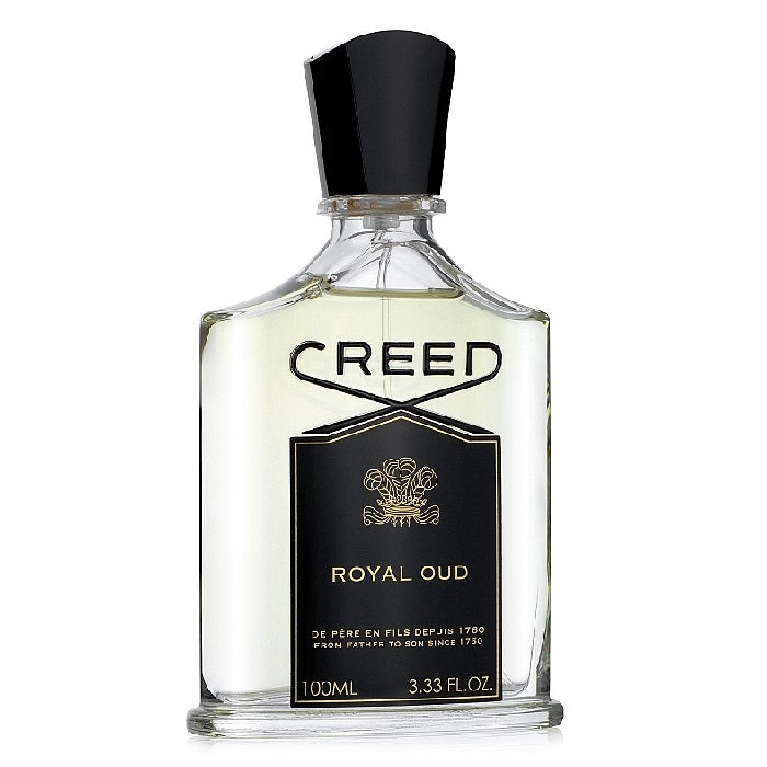 A bottle of Royal Oud Eau de Parfum by Creed with a black cap and a label that includes the product name and the brand name.