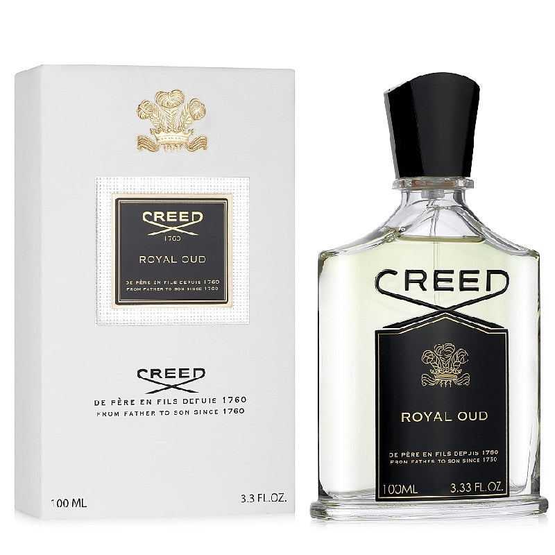 A product image showing a bottle of Creed Royal Oud Eau de Parfum next to its packaging box.