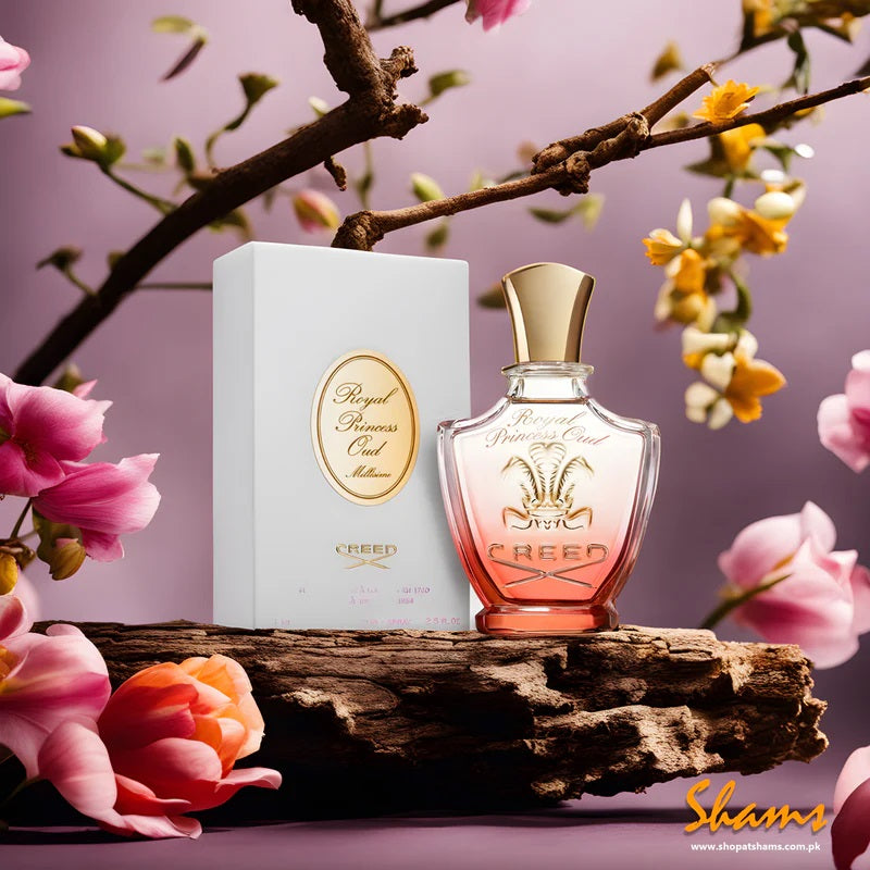 Perfume bottle and box with floral background