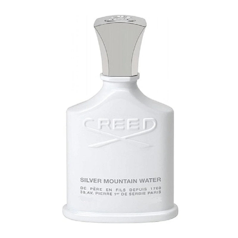 A white bottle of Creed Silver Mountain Water eau de parfum with a silver cap.