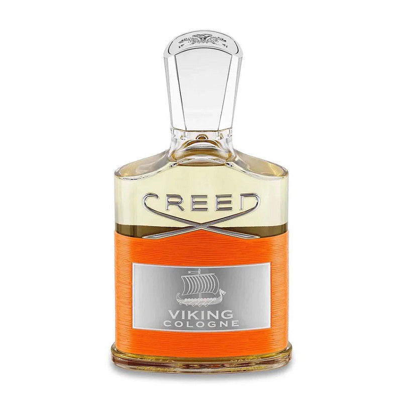 A bottle of Creed Viking Cologne with a clear cap and a label that includes the product name and the house of Creed's emblem.