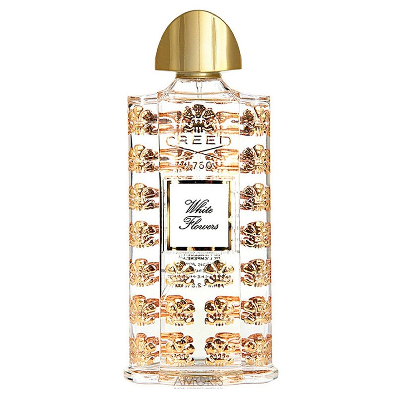 Clear glass Creed White Flowers 75 ml perfume bottle with gold cap and engraved Creed crest.