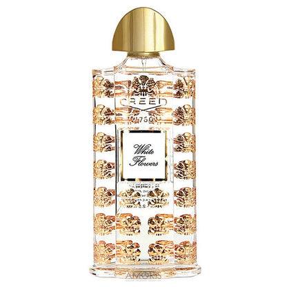 Clear glass Creed White Flowers 75 ml perfume bottle with gold cap and engraved Creed crest.