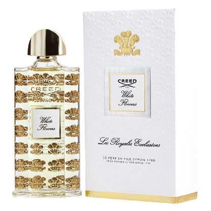 Creed White Flowers 75 ml perfume bottle beside matching white and gold presentation box.