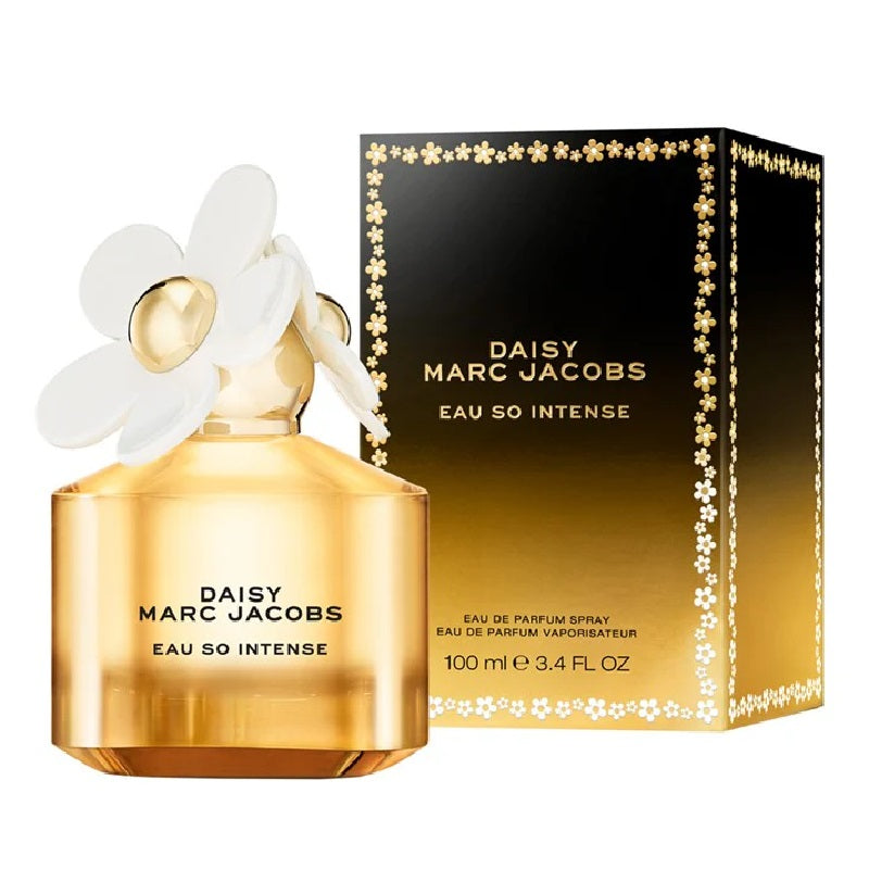 Gold perfume bottle and packaging of Daisy Marc Jacobs Eau So Intense on a white background