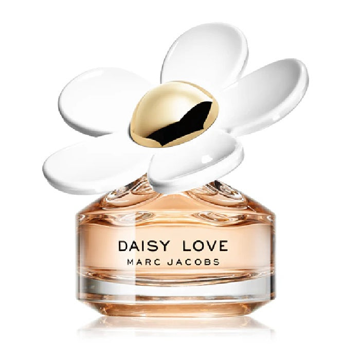 A glass bottle of 'Daisy Love' eau de toilette by Marc Jacobs with a white flower decor on the top.