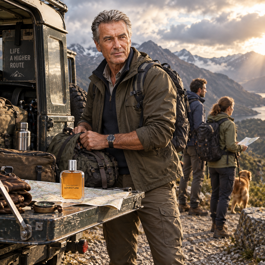 A man in outdoor gear stands beside a vehicle on a mountain trail, with other hikers and a dog in the background. A bottle of amber liquid labeled 'Adventure' sits on a table with a map and compass.