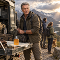 A man in outdoor gear stands beside a vehicle on a mountain trail, with other hikers and a dog in the background. A bottle of amber liquid labeled 'Adventure' sits on a table with a map and compass.