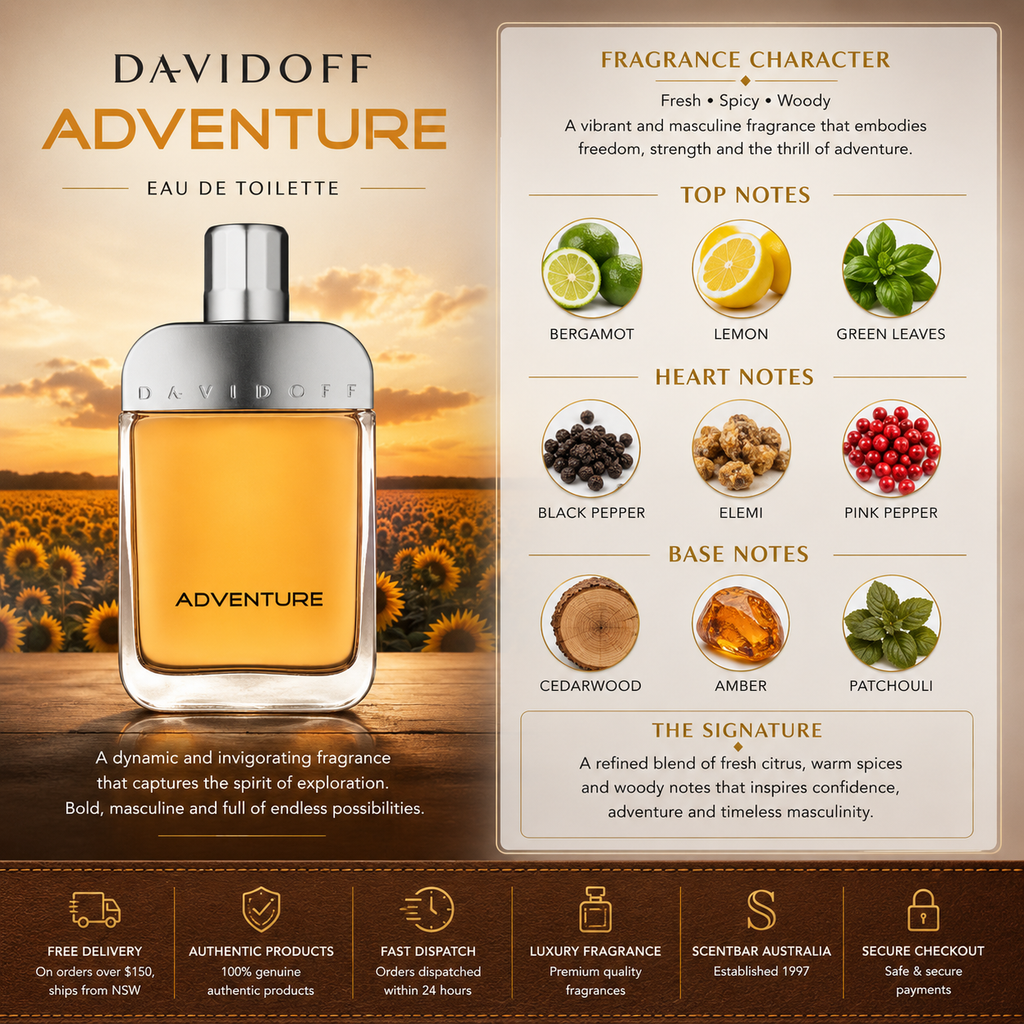 Davidoff Adventure perfume bottle with fragrance character details on a scenic background