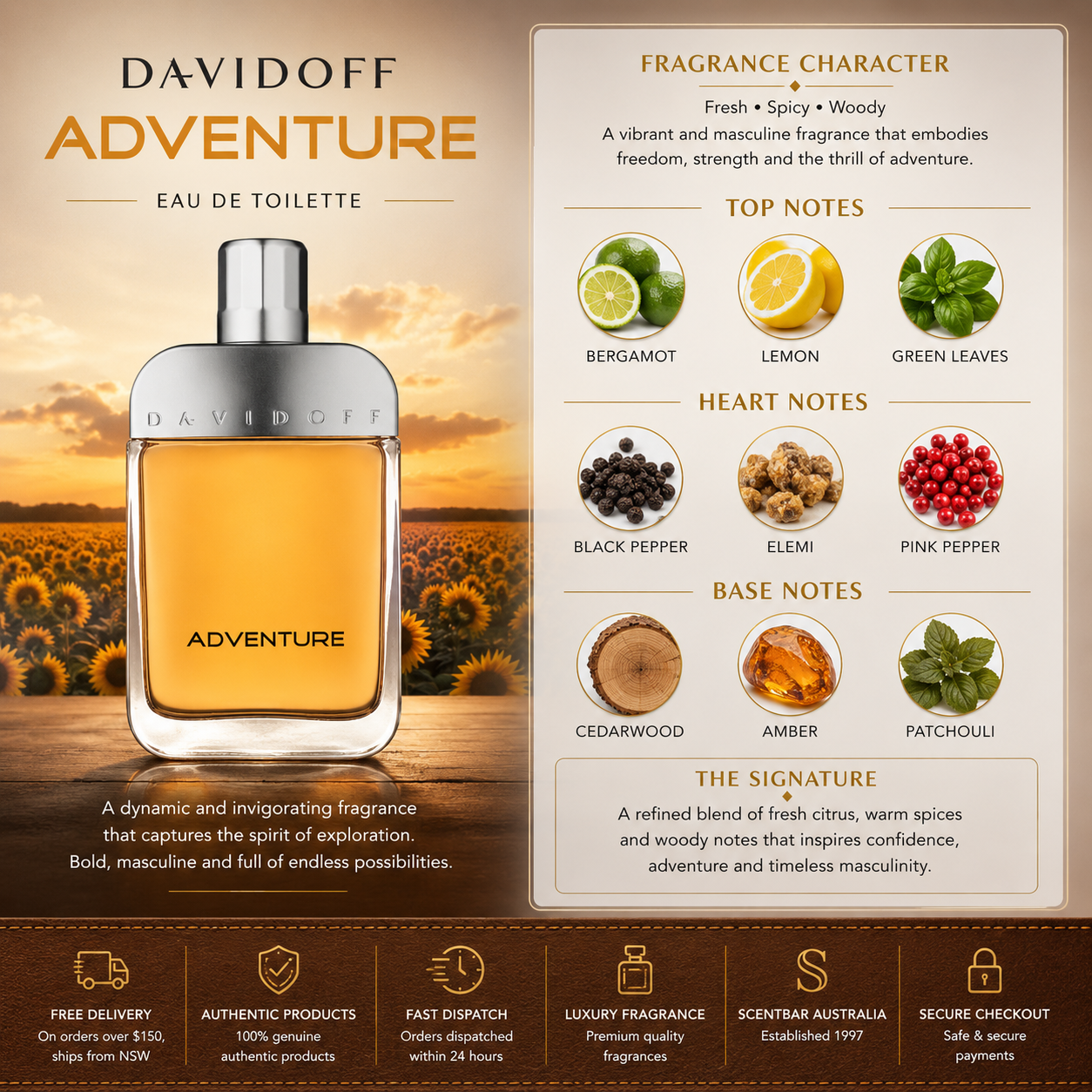 Davidoff Adventure perfume bottle with fragrance character details on a scenic background