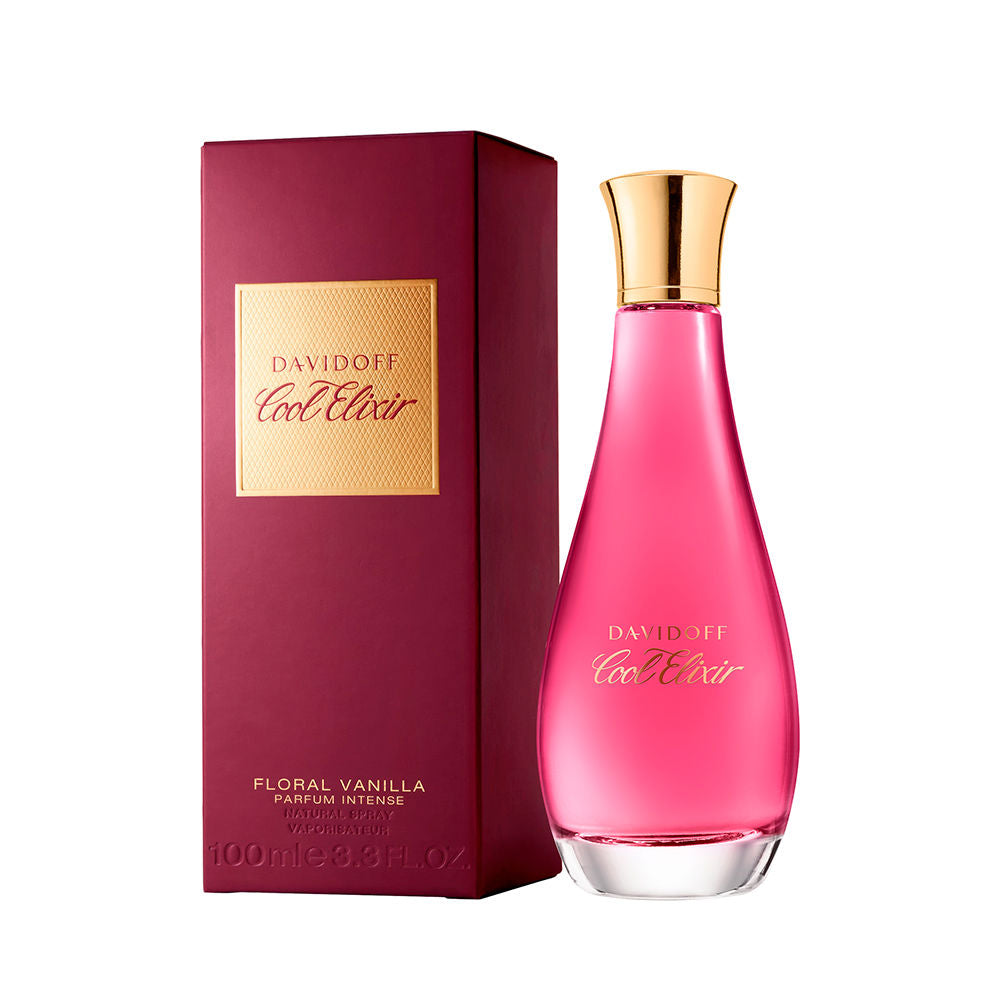 Davidoff Cool Elixir Floral Vanilla Eau de Parfum bottle in vibrant pink with a gold cap, shown next to its burgundy and gold packaging box on a white background.