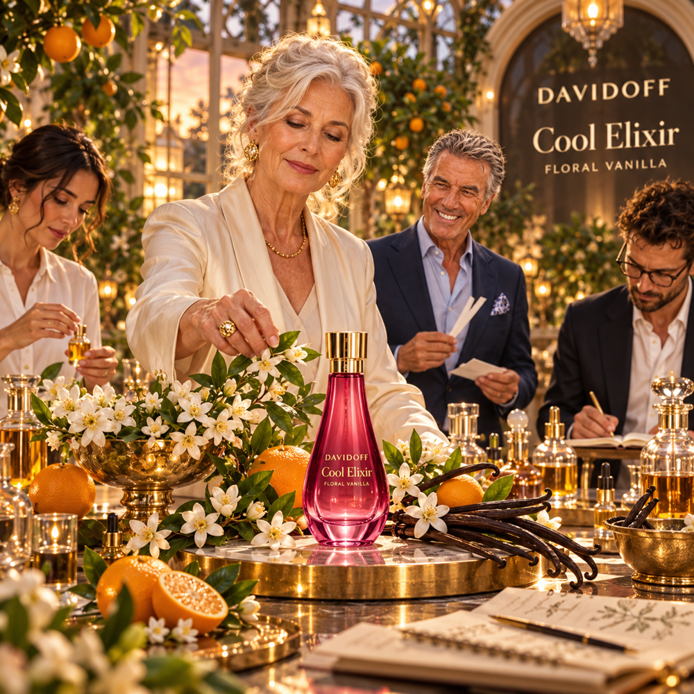 A woman in a cream blazer stands behind a decorated table displaying a Davidoff Cool Elixir bottle, surrounded by oranges, white flowers, vanilla beans, and other fragrance bottles in a warm, elegant setting. Two men and another woman observe in the background under hanging lights.