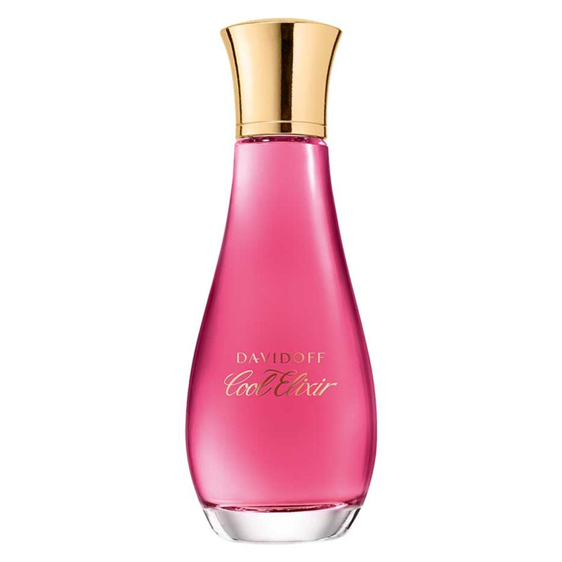 Davidoff Cool Elixir perfume bottle in vibrant pink glass with a metallic gold cap, shown on a solid white background.