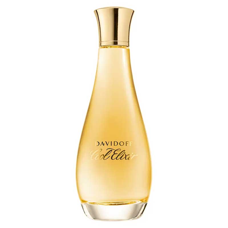 Perfume bottle with gold cap on a white background