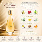 Davidoff Cool Elixir perfume bottle with flavor notes on a beige background