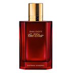 Davidoff Cool Elixir Safran Mineral perfume bottle in a deep red glass with a textured gold cap, shown on a plain white background.