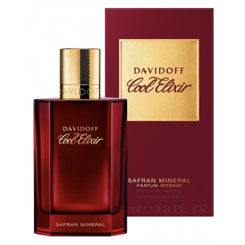 Davidoff Cool Elixir Safran Mineral perfume bottle in a deep red glass with a gold cap, shown next to its matching red and gold packaging box on a white background.