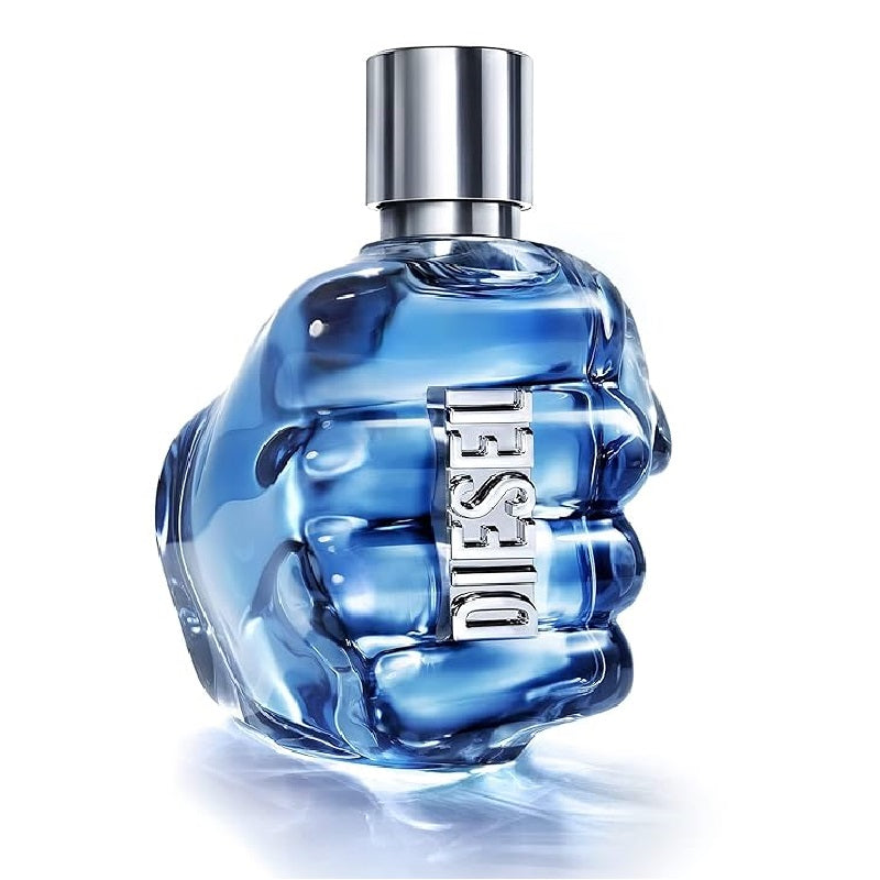 Blue perfume bottle with silver cap on a white background