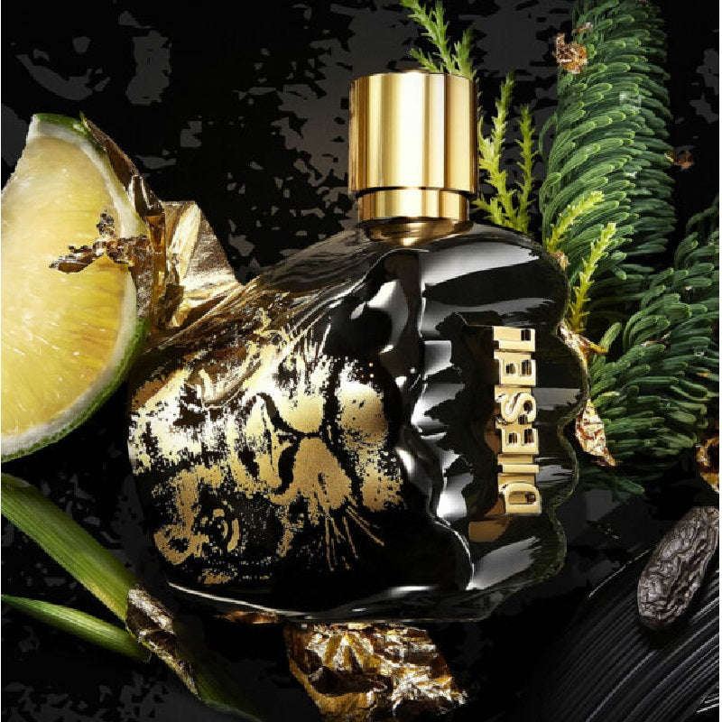 Lifestyle image, spirit of the brave by diesal wth dark background and flowers