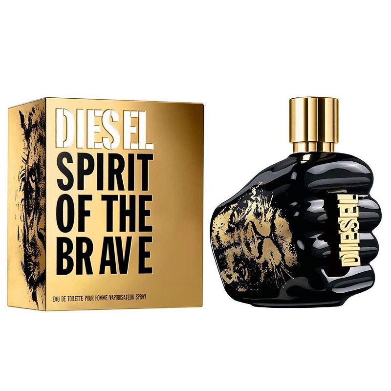 A product image showing the packaging and bottle of Diesel Spirit of the Brave Eau de Toilette. The packaging is predominantly gold with black elements, and the bottle is black with gold details.