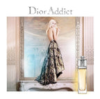 Dior Addict perfume advertisement with a woman in an elegant dress and a bottle of perfume.