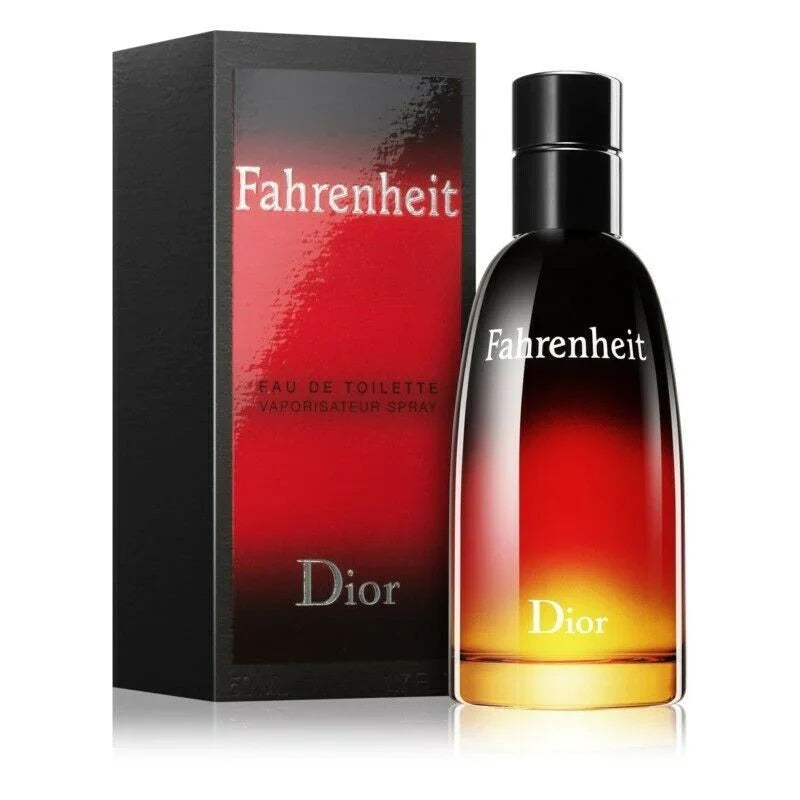 A bottle of Fahrenheit Eau de Toilette by Dior with its packaging box.