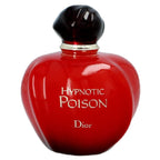 A red, heart-shaped bottle of Hypnotic Poison Eau de Toilette by Christian Dior with a black cap.