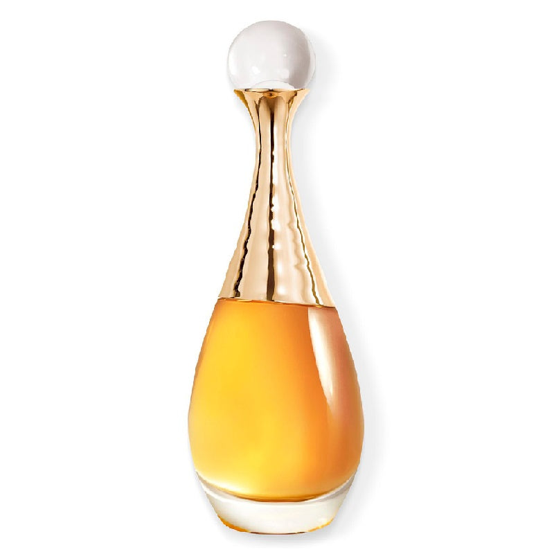 Perfume bottle with gold cap and white top on a white background