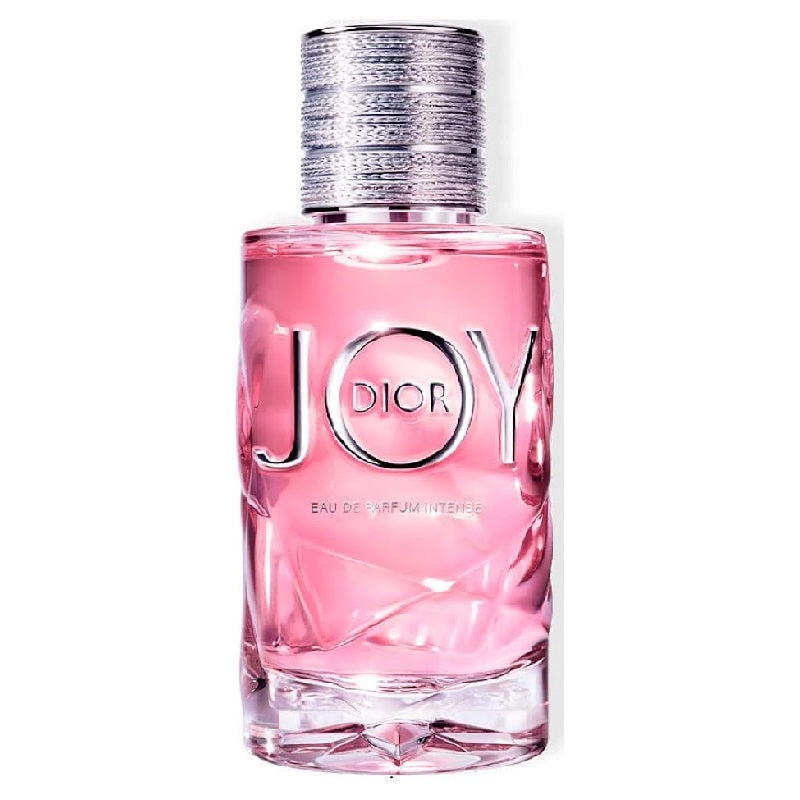 A glass bottle of Dior Joy Intense Eau de Parfum with a pink liquid visible and the brand name 'Dior' displayed on the bottle.