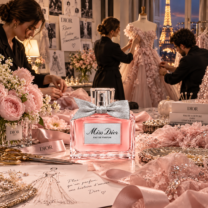 A Dior Miss Dior Eau de Parfum bottle with a pink liquid, silver cap, and glittery silver bow sits on a decorated table in a luxury fashion studio. Women and a man are seen in the background working on a pink Dior gown, with Dior branding and fashion sketches visible throughout the scene.