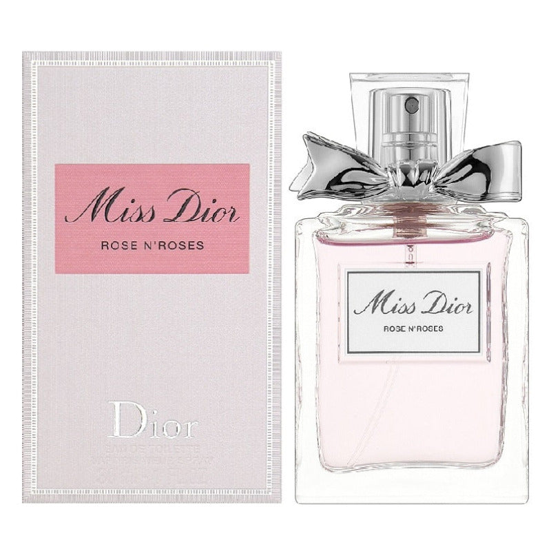 Miss Dior Rose n' Roses perfume bottle and packaging on a white background