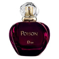 A bottle of Poison Eau de Toilette by Christian Dior with a deep maroon label and a golden cap.