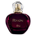 A bottle of Poison Eau de Toilette by Christian Dior with a deep maroon label and a golden cap.