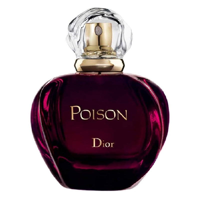 A bottle of Poison Eau de Toilette by Christian Dior with a deep maroon label and a golden cap.