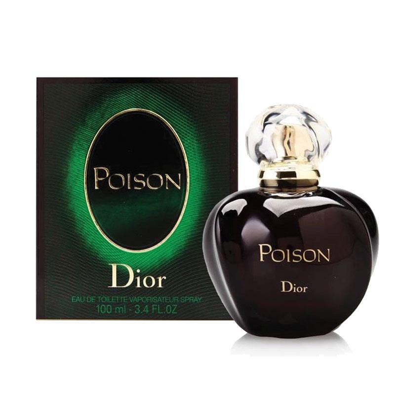 A bottle of Poison Eau De Toilette by Dior with its packaging box. The bottle is black with a gold cap and the brand name 'Dior' is visible on the bottle and the box.